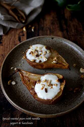 Roasted pears with vanilla yogurt and toasted hazelnuts
