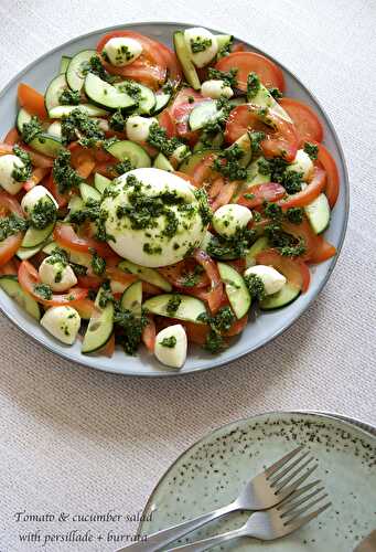 Tomato and cucumber salad with persillade and creamy burrata