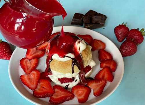 Strawberry Shortcake with Raspberry Coulis & Dark Chocolate Sauce