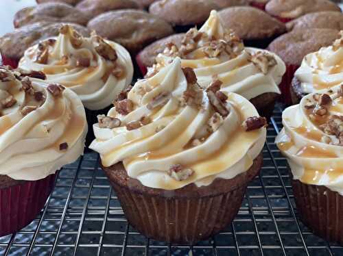 Apple & Spice Cupcakes with Caramel Cream Cheese Frosting & Brown Sugared Pecans