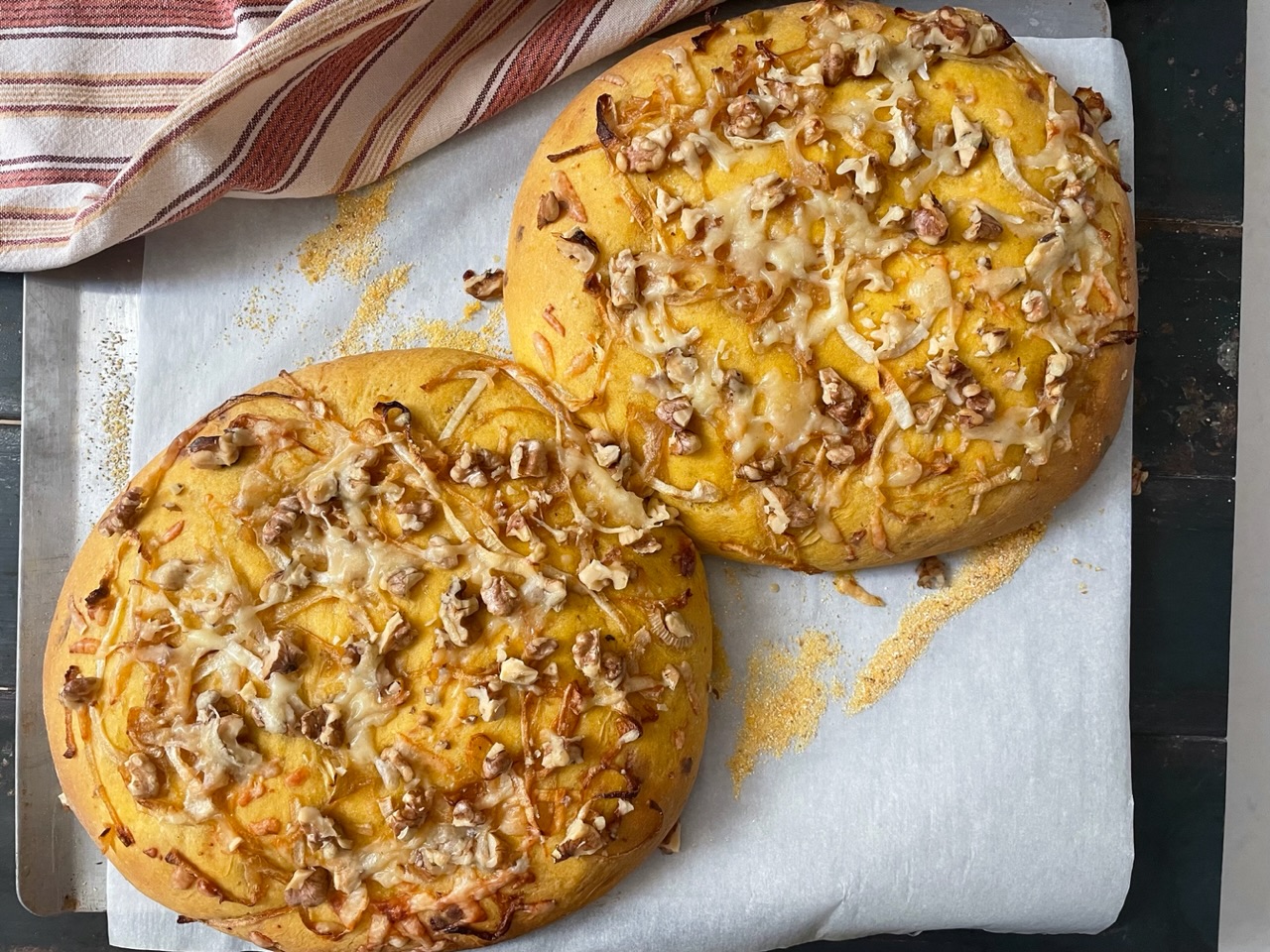 Pumpkin Focaccia with Walnuts, Gruyere & Caramelized Onions