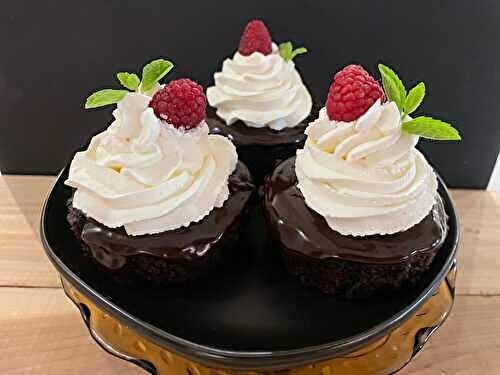 Mini Chocolate Cakes with Silky Dark Chocolate Sauce & Whipped Cream
