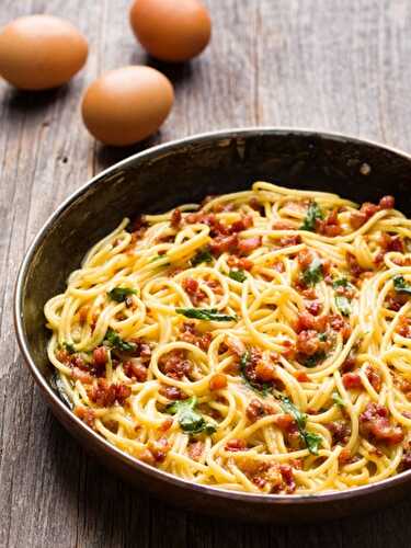 Easy Spaghetti Carbonara with Eggs, Parmesan, Bacon and Garlic