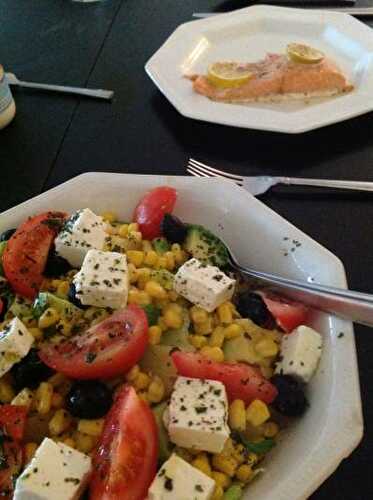 Healthy Mediterranean Salad with Feta, Corn, Tuna and Tomato
