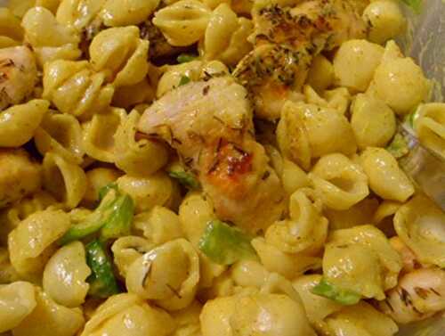 Indian Pasta Salad with Chicken, Raisins, Almonds and a Hint of Spice