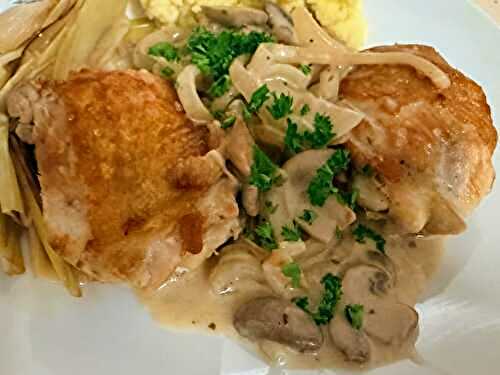Crispy Chicken with Creamy Mushrooms and Braised Leeks