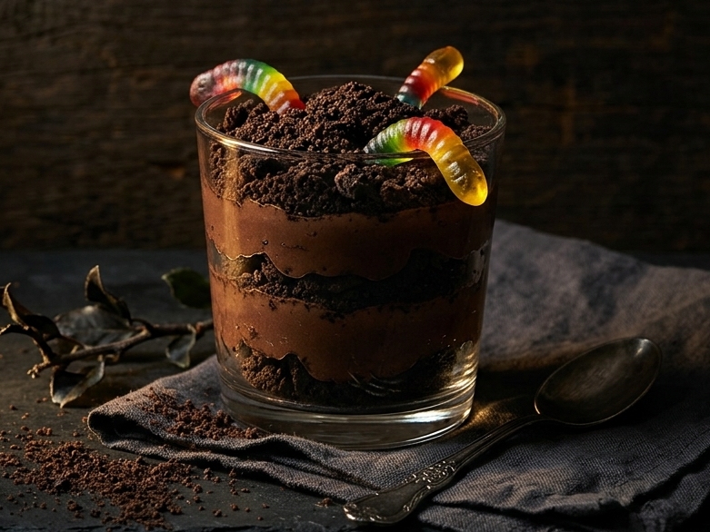 Halloween Dirt and Worms Pudding Cups
