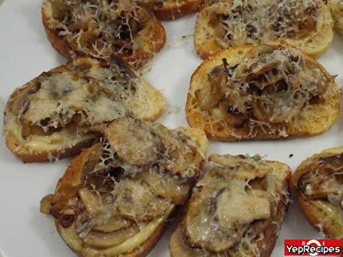 Mushroom Crostinis with Caramelized Shallots and Gruyere Cheese