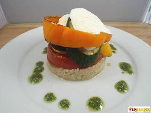 Veggie Stack with Cauliflower Couscous and Pesto Vin.