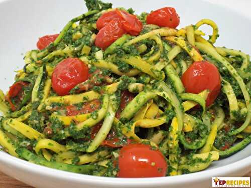 Squoodles and Zoodles in Kale Pesto with Tomatoes
