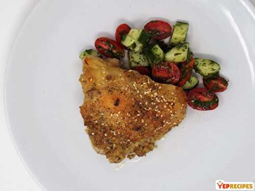 Tahini Chicken Thighs with Tomato Cucumber Salad