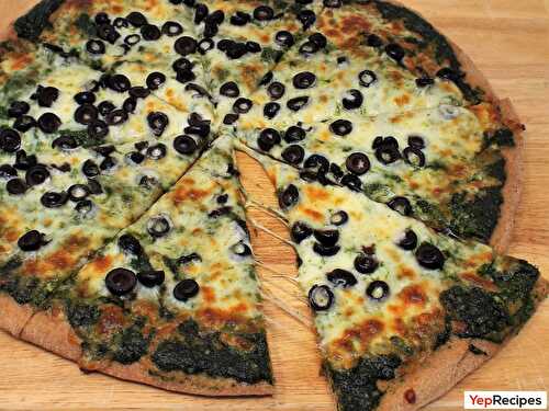 Spinach Pesto and Black Olive Pizza